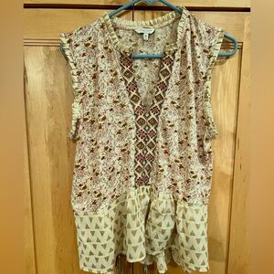 Lucky Brand Pink & Cream Sleeveless top w/ Ruffled Hem and Armholes Medium